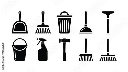A clean and organized vector illustration of nine black cleaning tools icons on a white background, perfect for use in graphic design projects, websites, or marketing materials.