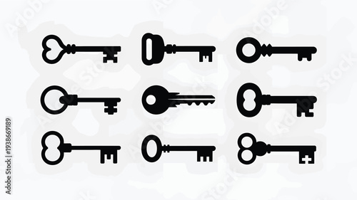 A clean and simple vector illustration of nine distinct keys arranged in three rows on a light gray background, perfect for use in graphic design, symbolizing unlocking concepts.