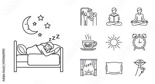 Line Art Icons for Sleep Relaxation and Daily Routines.
