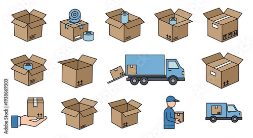 Assorted Cartoon Cardboard Boxes and Delivery Truck Illustrations.
