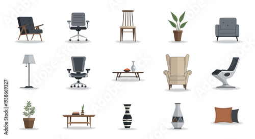 Collection of Furniture and Home Decor Items: Chairs Tables Plants Vases and Pillows.