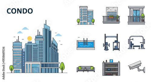 Modern Condominium Building and Amenities Vector Illustration Set.