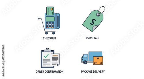 E-commerce process icons: checkout price tag order confirmation and package delivery.
