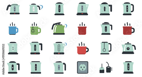 Collection of modern electric kettles and tea cups for hot beverages.