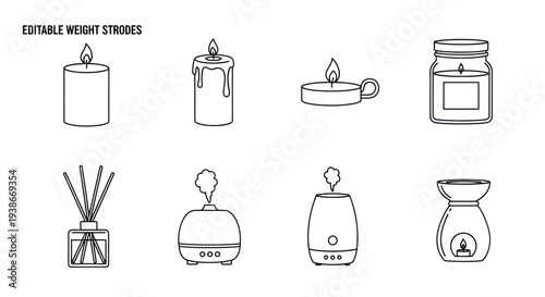 A set of black and white line art icons depicting various candles and aromatherapy diffusers with editable weight strokes.