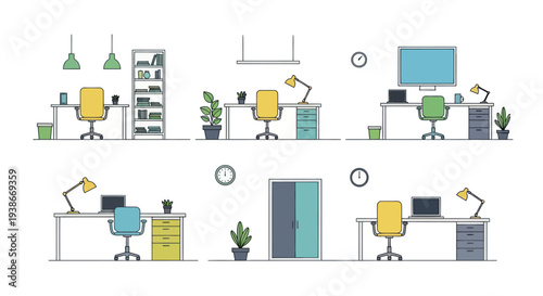 Minimalist Line Art Illustration of Modern Office Workspaces.