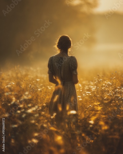 A woman stands in a golden field at sunset—serene and nostalgic. The soft light and tall grass evoke tranquility, reflection, and gentle beauty.