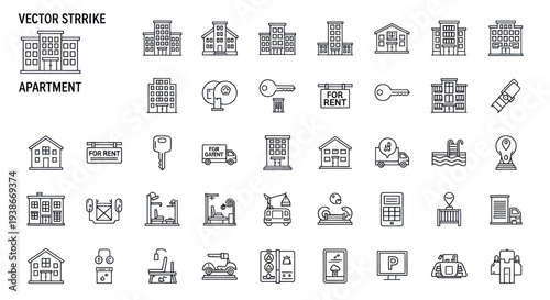 Apartment and real estate vector line icon set Thin stroke outline symbols for housing rent and property.