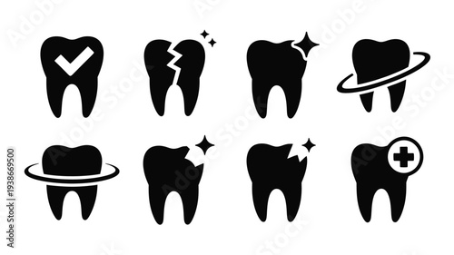 A set of eight black tooth silhouettes with various symbols and sparkles on a white background, representing different dental health conditions in a flat design vector illustration.