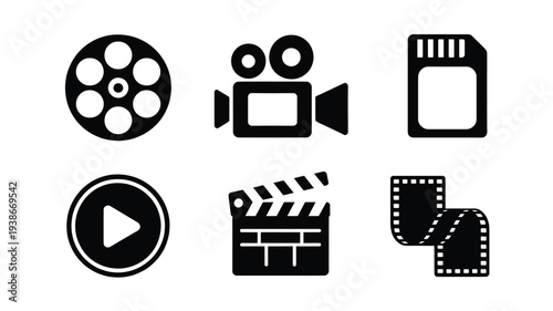 A set of six black video production icons on a white background, including a film reel, camera, memory card, play button, clapperboard, and film strips.