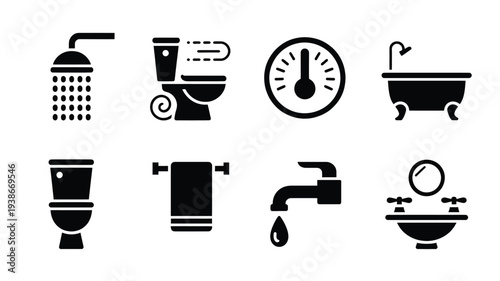 A set of nine black and white vector icons depicting various bathroom elements, including shower, toilet, bathtub, sink, and more, on a clean white background.