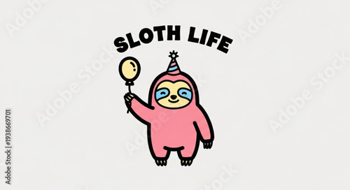 Cartoon Sloth Wearing Party Hat and Sunglasses.