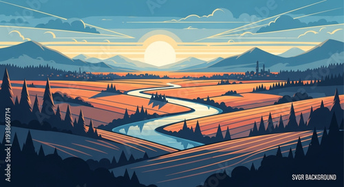 Serene Landscape with River and Mountains.