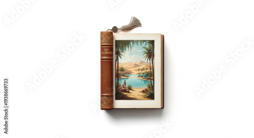 Leather Bound Book with Landscape Art.