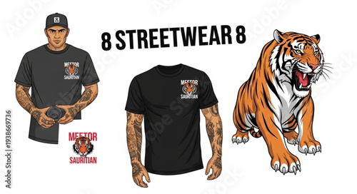 Tiger Graphic Design on Black T Shirt.