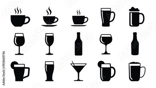 A clean and simple vector illustration featuring 16 black icons of different drinks, including coffee, tea, beer, wine, cocktails, and bottles, on a white background.