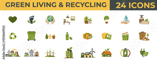 Green Living and Recycling Icons – Eco Lifestyle, Zero Waste and Circular Economy Vector
