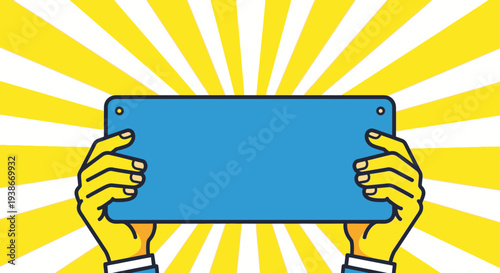 Hands Holding Blank Blue Smartphone Device.