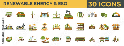Renewable Energy and ESG Icons – Solar Wind Clean Energy and Sustainable Business Vector