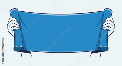 Hands Holding Blue Blank Banner Template.
