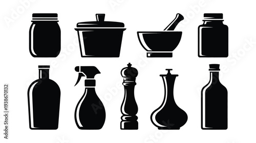 A clean vector illustration showcasing black silhouettes of kitchen utensils and bottles on a white background, ideal for cooking, recipe, or culinary themes with a minimalist aesthetic.