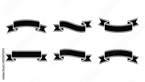 A set of six black ribbon banners in various styles, perfect for adding a touch of elegance and sophistication to your designs, with a clean and minimalist aesthetic.