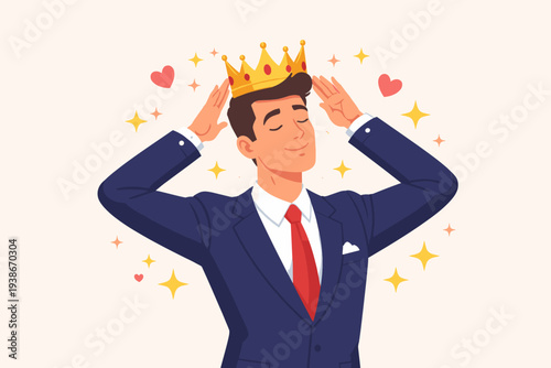 Narcissistic Businessman Wearing Gold Crown with Smug Expression, Representing Extreme Self-Involvement, Ego, Arrogance, and Overconfidence, Egocentric Personality and Excessive Pride Illustration
