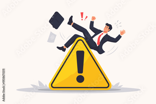 Businessman in Suit Falling Over Large Yellow Warning Triangle Sign with Exclamation Mark Illustrating Business Risk, Failure, Mistake, and Professional Accident Concept for Caution and Safety.
