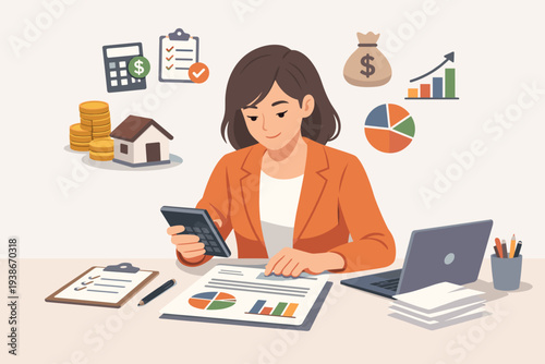 Professional Woman Accountant Calculating Project Cost Estimation and Financial Budget Plan with Charts and Graphs for Business Investment, Tax, and Resource Management Vector Illustration.