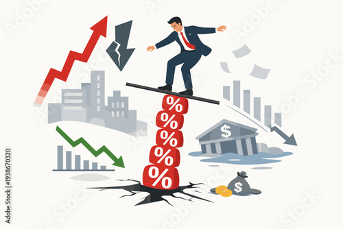 Businessman Balancing on Unstable Interest Rate Percentage Blocks Symbolizing Economic Recession Risk, Financial Crisis, Market Volatility, and the Impact of High Rates on the Global Economy.