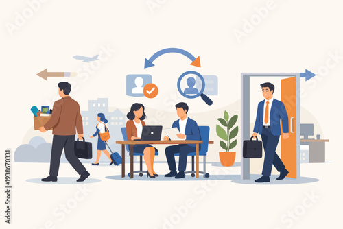 Staff Turnover and Job Rotation Concept in Human Resources Management. HR Team Recruiting New People, Hiring and Firing Process. Employee Leaving Office with Box and New Hire Entering Door.