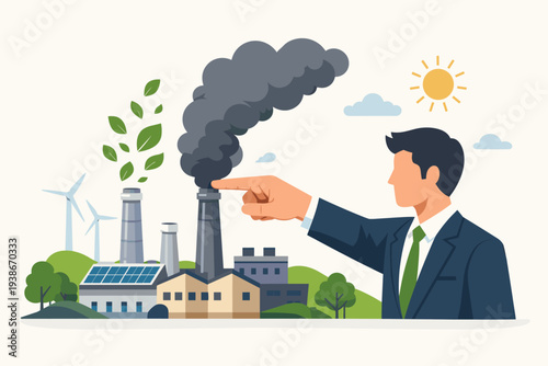 Businessman pointing at industrial factory smoke to reduce pollution and stop climate change with renewable green energy like solar panels and wind turbines for sustainable environment.