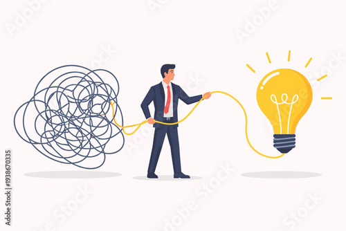 Businessman untangling a messy knot of lines to connect a glowing lightbulb, representing the process of simplifying complex business ideas, solving problems, and finding creative solutions.