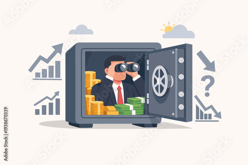 Businessman Inside a Strongroom Safe Looking Through Binoculars to Monitor Global Economic Trends and Market Volatility, Protecting Wealth and Savings During Financial Uncertainty and Inflation