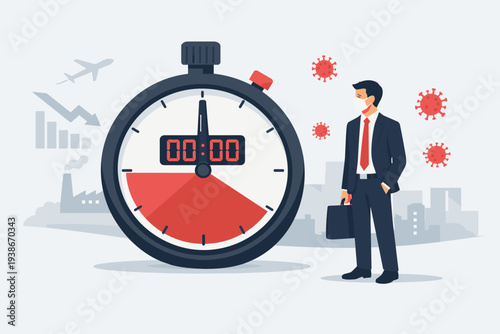 Businessman in face mask standing by a large countdown timer representing the impact of the COVID-19 coronavirus pandemic on global economy, business shutdown, and financial market crisis.