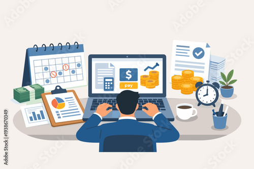 Businessman working on laptop for online tax payment and income tax calculation with deadline calendar, financial reports, money, and clock on desk for revenue accounting and refund process.