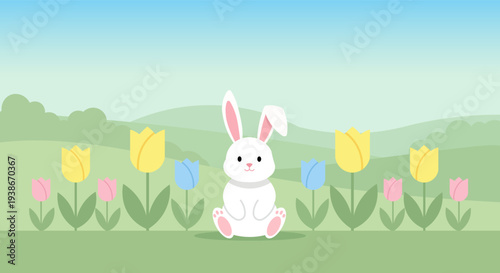 Cute white Easter bunny sitting in a field of colorful tulips and rolling hills