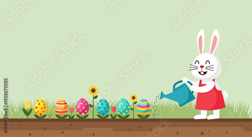 Cute Easter bunny watering colorful eggs growing in a garden bed
