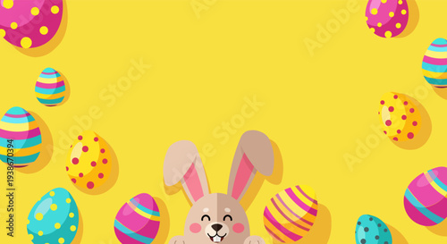 Cute Easter bunny with colorful decorated eggs on a bright yellow background