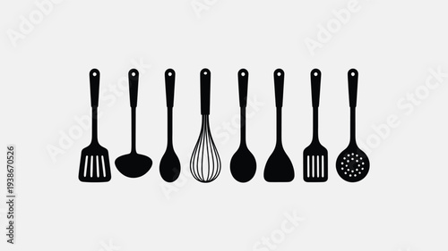 A set of kitchen utensils in a minimalist flat design vector illustration, featuring various cooking tools in black silhouettes on a light gray background.