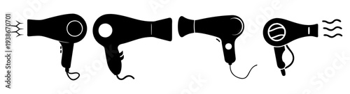 Set of five hair dryers in different styles flat design vector illustration icon pack