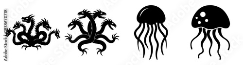 Hydra mythological creature set isolated black flat design vector illustration scalable graphic art