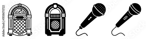 Vintage jukebox and retro microphones music entertainment set flat design vector illustration