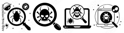 Malware detection icons set with search, virus, laptop, and security flat design vector illustration