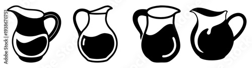 Set of four black and white milk jugs vector illustration, minimalist flat design icon pack, scalable graphic art
