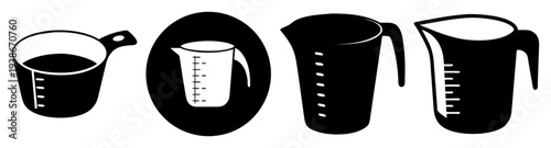 Set of four black measuring cups with volume marks vector illustration flat design icon pack