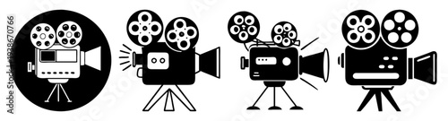 Movie projector film camera vintage cinema equipment set flat design vector illustration icon pack