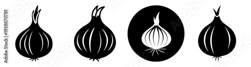 Set of four fresh onions with green stems flat design vector illustration scalable graphic