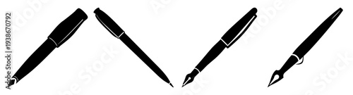 Three black fountain pens crossed in elegant minimalist vector illustration flat design icon pack