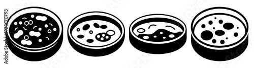 Petri dish with bacteria and microorganisms vector illustration, lab science flat design icon pack set